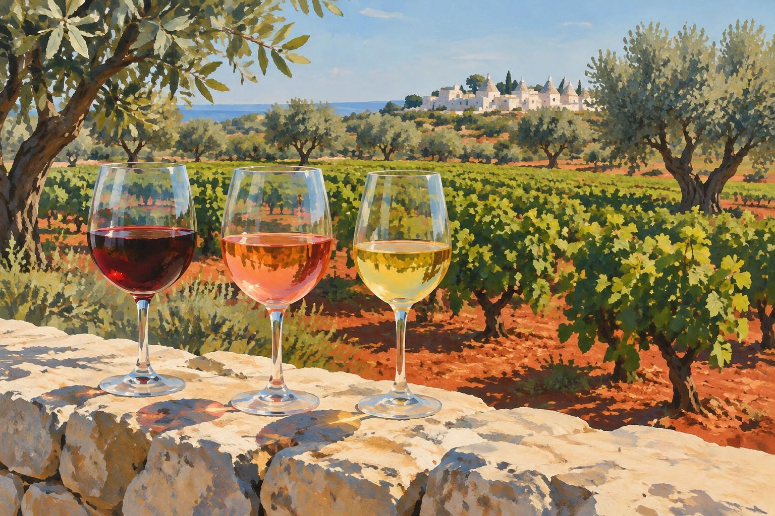 Illustrazione di diversi vini e paesaggi viticoli pugliesi.