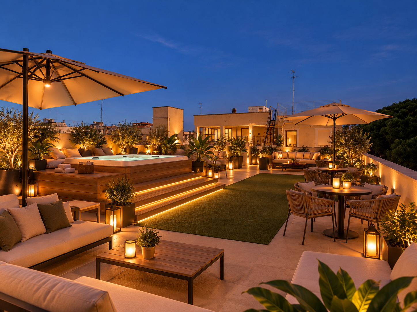 Visualizzazione del rooftop futuro al crepuscolo, con vasca illuminata, lanterne e salotti all’aperto