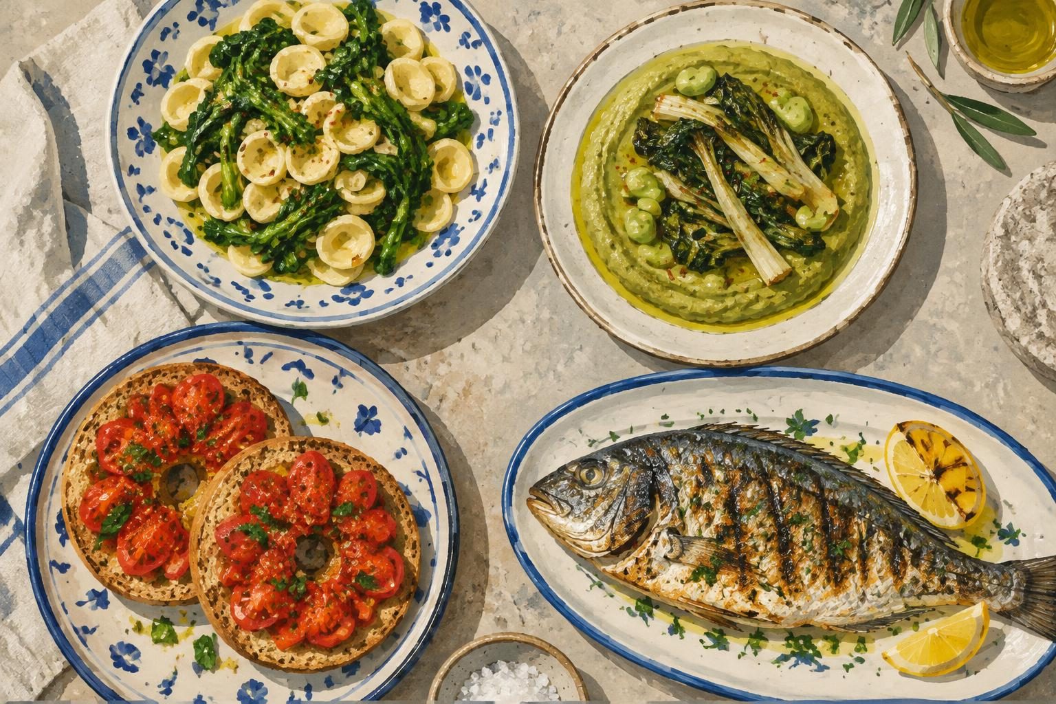 Illustrazione di pane, verdure, pasta e formaggi pugliesi.