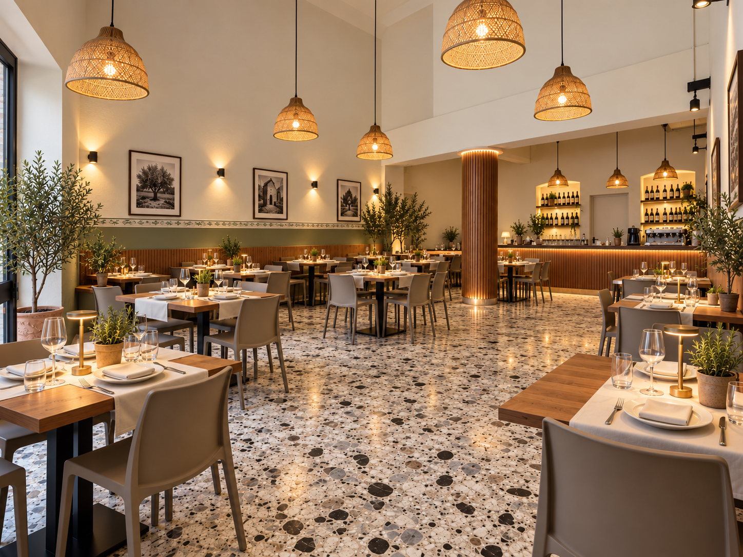 Sala del ristorante con lampade intrecciate, tavoli apparecchiati, bancone in legno e pavimento in terrazzo