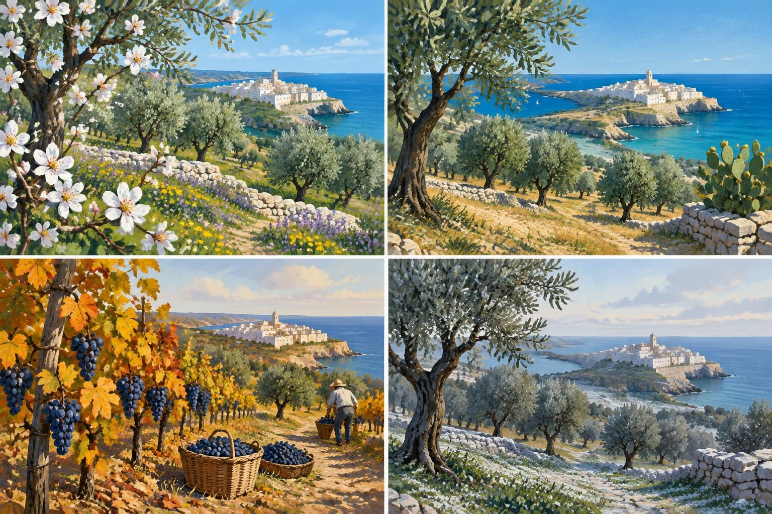 Illustrazione delle diverse stagioni di un viaggio in Puglia.