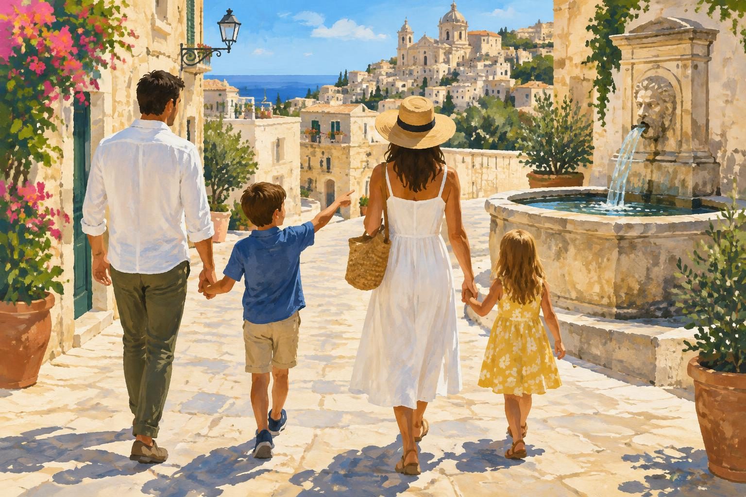 Illustrazione di una famiglia durante una passeggiata in città.