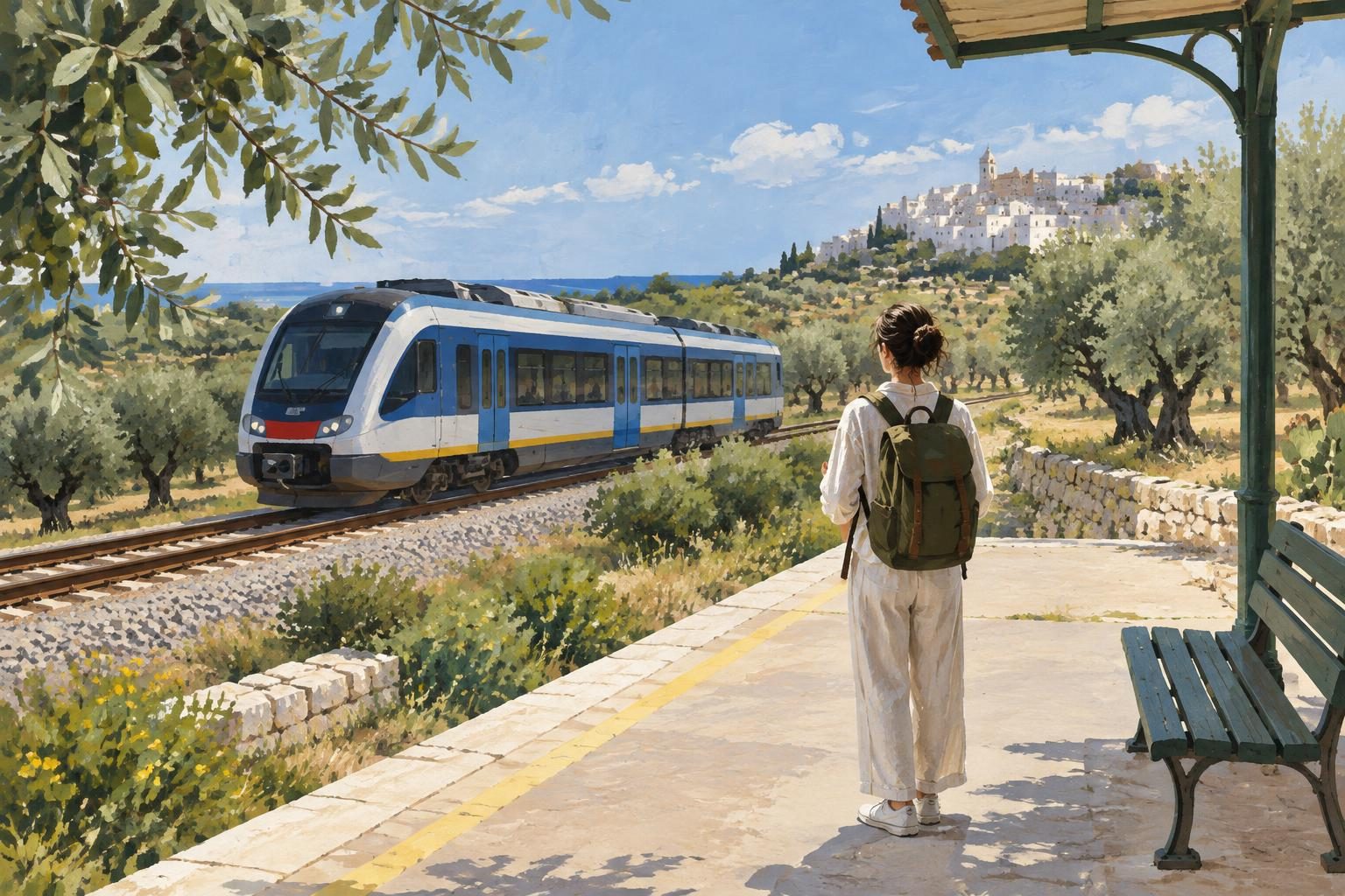 Illustrazione di un viaggio in Puglia con treno e percorsi a piedi.