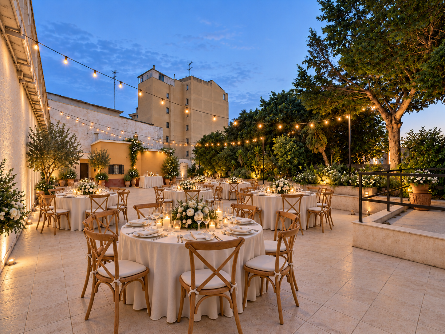 Cortile della Villa allestito per un ricevimento di sera, con tavoli apparecchiati, candele accese e luci sospese al tramonto