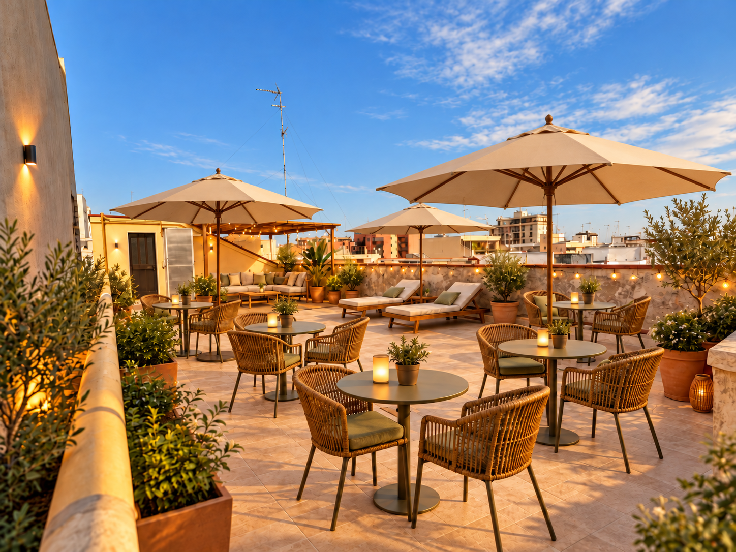 Visualizzazione della terrazza panoramica futura con ombrelloni, tavolini in vimini e divani al tramonto